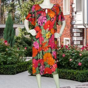 Vintage Kelly Reed Bright Floral Flower Hawaiian Aloha Loose Sun Dress 2XL